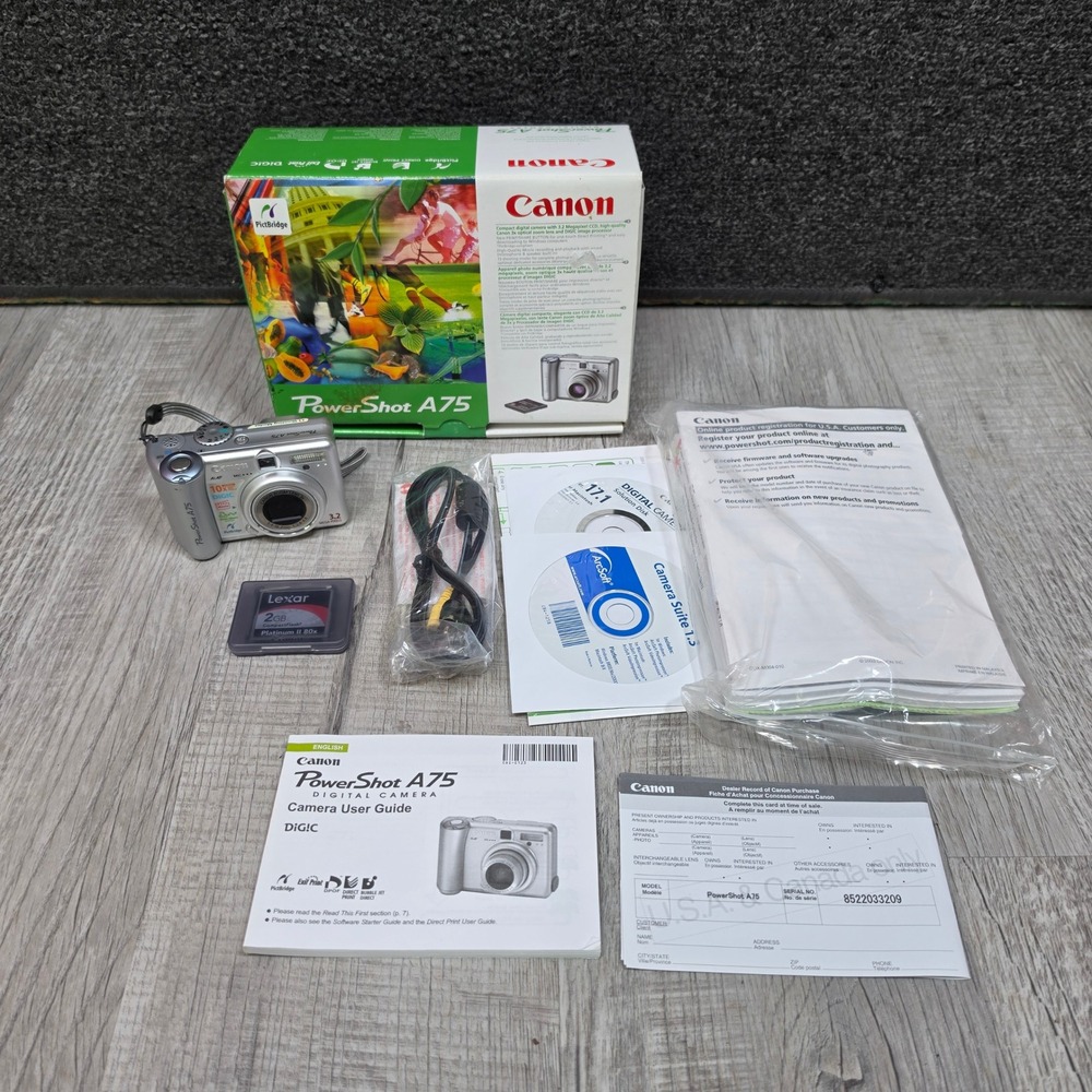 Canon PowerShot A75 Digital Camera Silver 3.2MP 3x Zoom Boxed Bundle- FOR PARTS